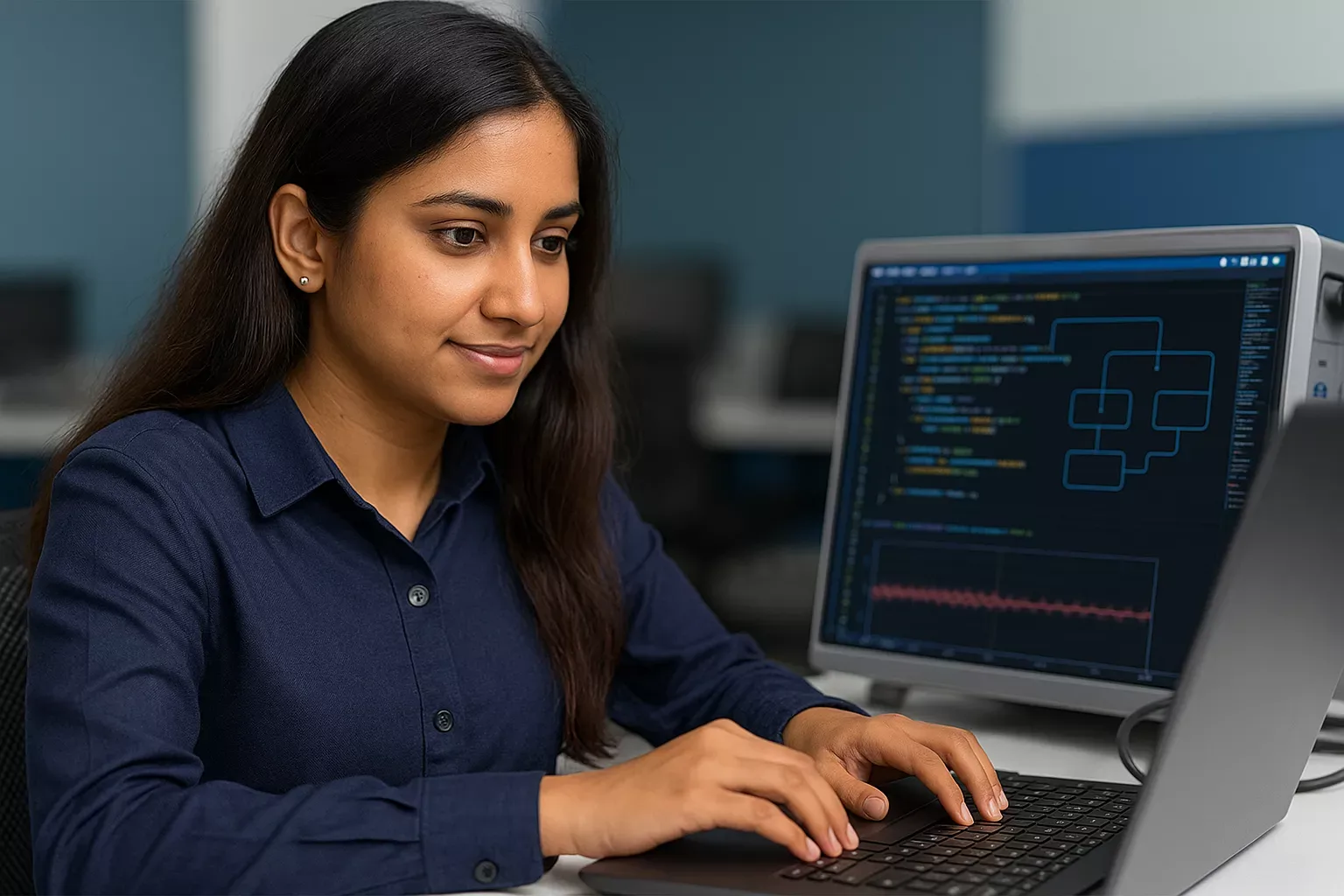 A woman coding on a laptop at a desk, with programming code visible on the screen.