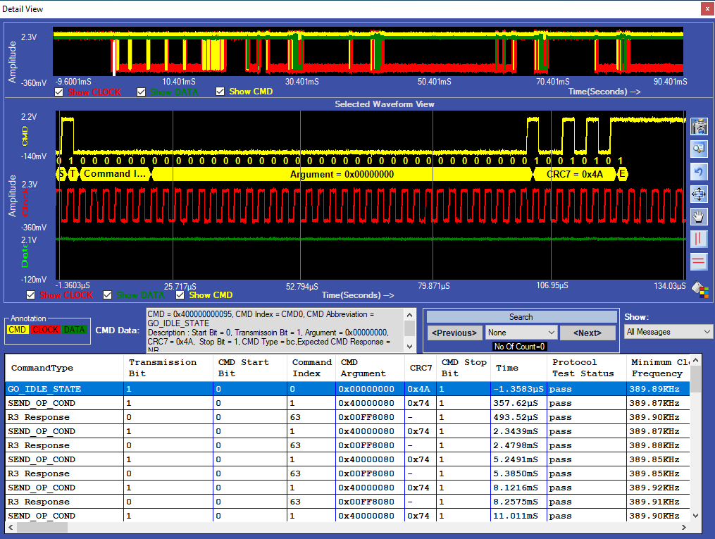 eMMC(4.41, 4.51 및 5.0) 및 SD(UHS-I) 전기 유효성 검사 및 프로토콜 디코드 소프트웨어