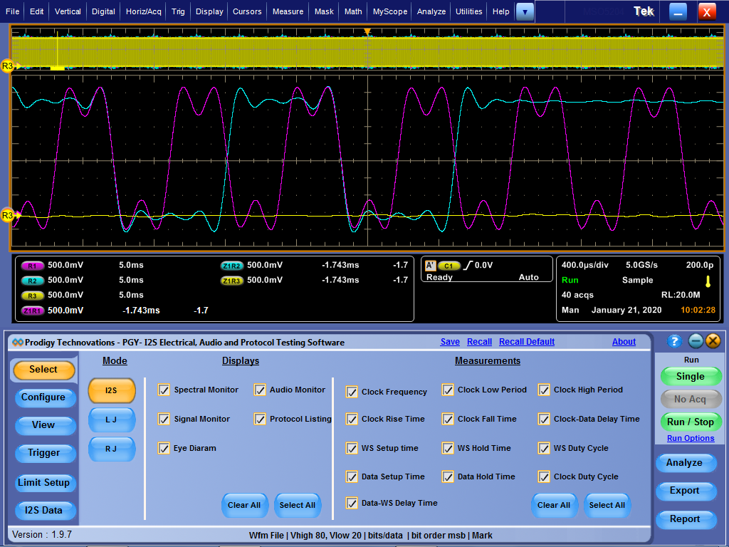 I2S 전기 유효성 검사, 오디오 및 프로토콜 디코드 소프트웨어
